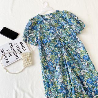 Floral Print Puff-sleeve Drawstring Midi Dress