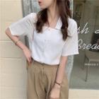 Collared Elbow-sleeve Crinkle Blouse