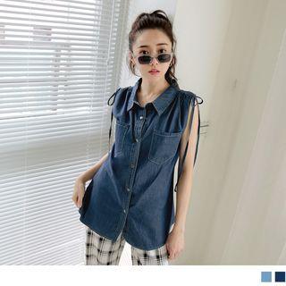 Sleeveless Drawstring Pocket Front Denim Shirt