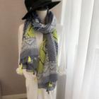 Patterned Tassel Linen Cotton Neck Scarf Yellow & Gray - One Size