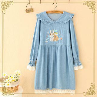 Rabbit Embroidered Long-sleeve A-line Dress Denim Blue - One Size