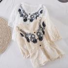 V-neck Embroidered Flower Cutout Puff Short-sleeve Top