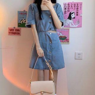 Square-neck Washed Denim Button-up Mini Dress