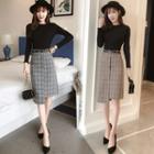 Long-sleeve Knit Top / Asymmetric Hem Midi Plaid Skirt / Set