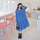 Flare-cuff Patterned Long Dress Blue - One Size