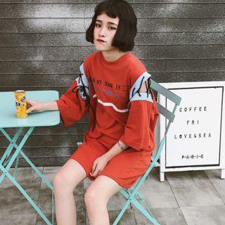 Tie Sleeve Contrast Trim Printed T-shirt