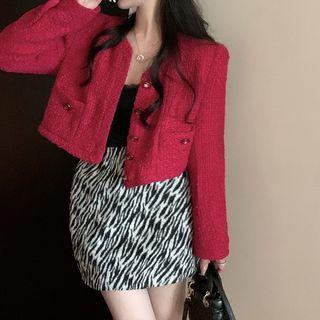 Button-up Jacket / Lace Camisole Top / Zebra Print A-line Skirt