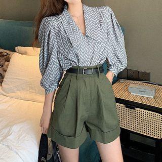 Chevron V-neck Puff-sleeve Blouse / High-waist Shorts