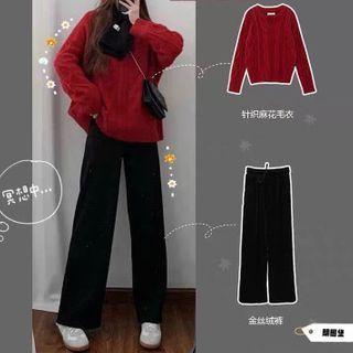 Set: Cable Knit Sweater + Wide-leg Pants