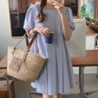 Puff-sleeve A-line Dress Light Blue - One Size