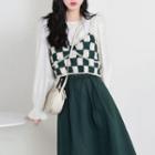 Bell-sleeve Blouse / Check Camisole Top / Midi A-line Skirt / Set