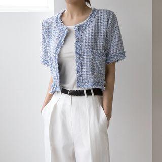 Fringed Cropped Tweed Jacket Blue - One Size