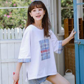 Plaid Panel Lettering Elbow-sleeve T-shirt
