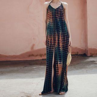 Patterned Spaghetti-strap Slit Maxi A-line Dress As Shown In Figure - One Size