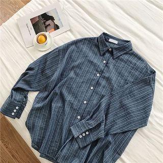 Plain Striped Long-sleeve Blouse Blue - One Size