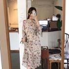 Pleated-hem Floral Print Dress Beige - One Size