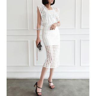 Slit-back Perforated Midi Skirt Ivory - One Size