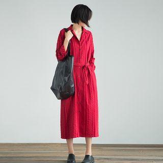 Long-sleeve Striped Midi Shirt Dress With Sash