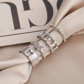 Set Of 4: Butterfly / Rhinestone / Chained Alloy Ring (various Designs) 54521 - Silver - One Size