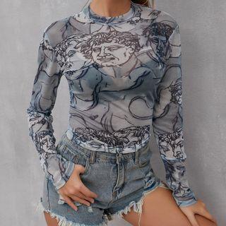 Long Sleeve Printed Mesh Crop Top