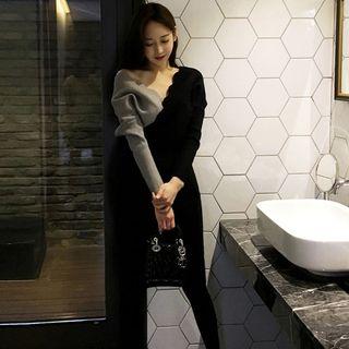 Long-sleeve Two-tone Midi Knit Dress