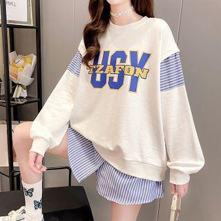 Mock Two Long-sleeve Striped Panel Lettering Sweatshirt