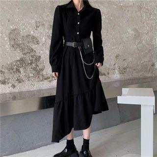 Set: Long-sleeve Midi Shirtdress + Chained Belt Bag