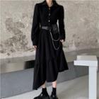 Set: Long-sleeve Midi Shirtdress + Chained Belt Bag