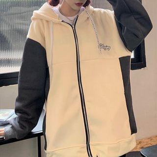 Two Tone Long-sleeve Lettering Zip-up Hoodie