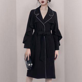 Long-sleeve Collared Contrast Trim A-line Dress