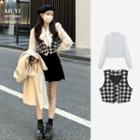 Tie-neck Blouse / Houndstooth Vest / Mini A-line Skirt