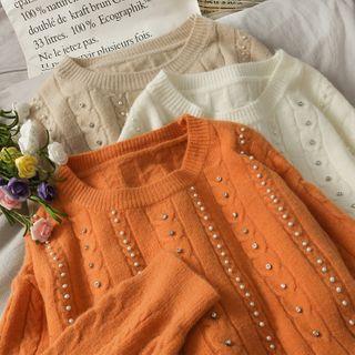Faux-pearl Cable-knit Sweater In 5 Colors