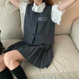 Frilled Trim Short-sleeve Blose / Lettering Vest / Pleated Mini Skirt