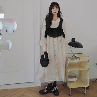 Set: Long-sleeve Button-up Midi Dress + Cropped Vest
