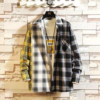 Plaid Color-block Long-sleeve Shirt