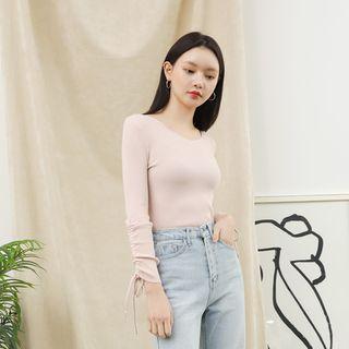 Drawstring-cuff Rib-knit Top