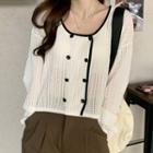 Contrast Trim Long-sleeve Pointelle Knit Top