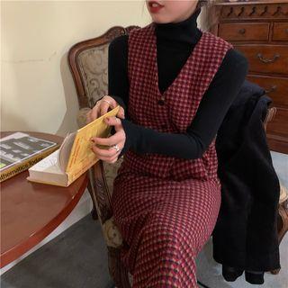 Double Breast Coat / Plaid Vest / High-waist Plaid Skirt