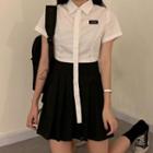 Short-sleeve Cropped Shirt / Pleated A-line Mini Skirt