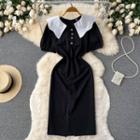 Short-sleeve Contrast Collar Slit A-line Dress