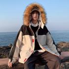 Color Block Faux-fur Hooded Padded Coat