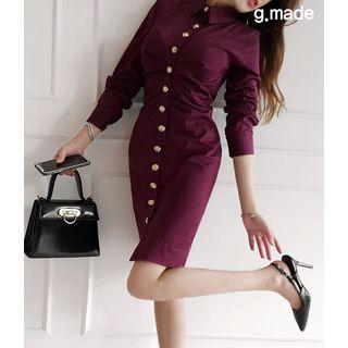 Metallic-button Ruched Shirtdress