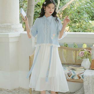 Set: Short-sleeve Embroidered Flower Panel Ruffle Trim Lace Hanfu Top + High-waist Plain Skirt