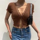 Short-sleeve V-neck Lace Trim Crop Top Brown - One Size