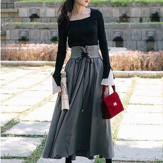 Set: Square Neck Knit Top + Maxi A-line Skirt