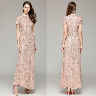 Mock Neck Sequined Mesh Panel Evening Gown