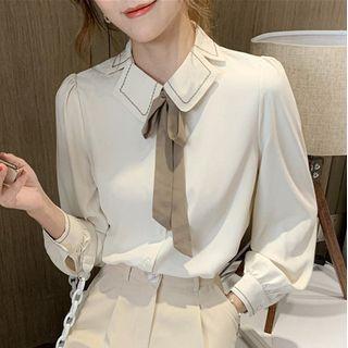 Long-sleeve Peter-pan Collar Bow-accent Blouse
