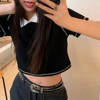 Contrast Stitching Cropped T-shirt Black - One Size