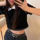 Contrast Stitching Cropped T-shirt Black - One Size