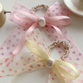 Heart Print Organza Ribbon Faux Pearl Hair Tie